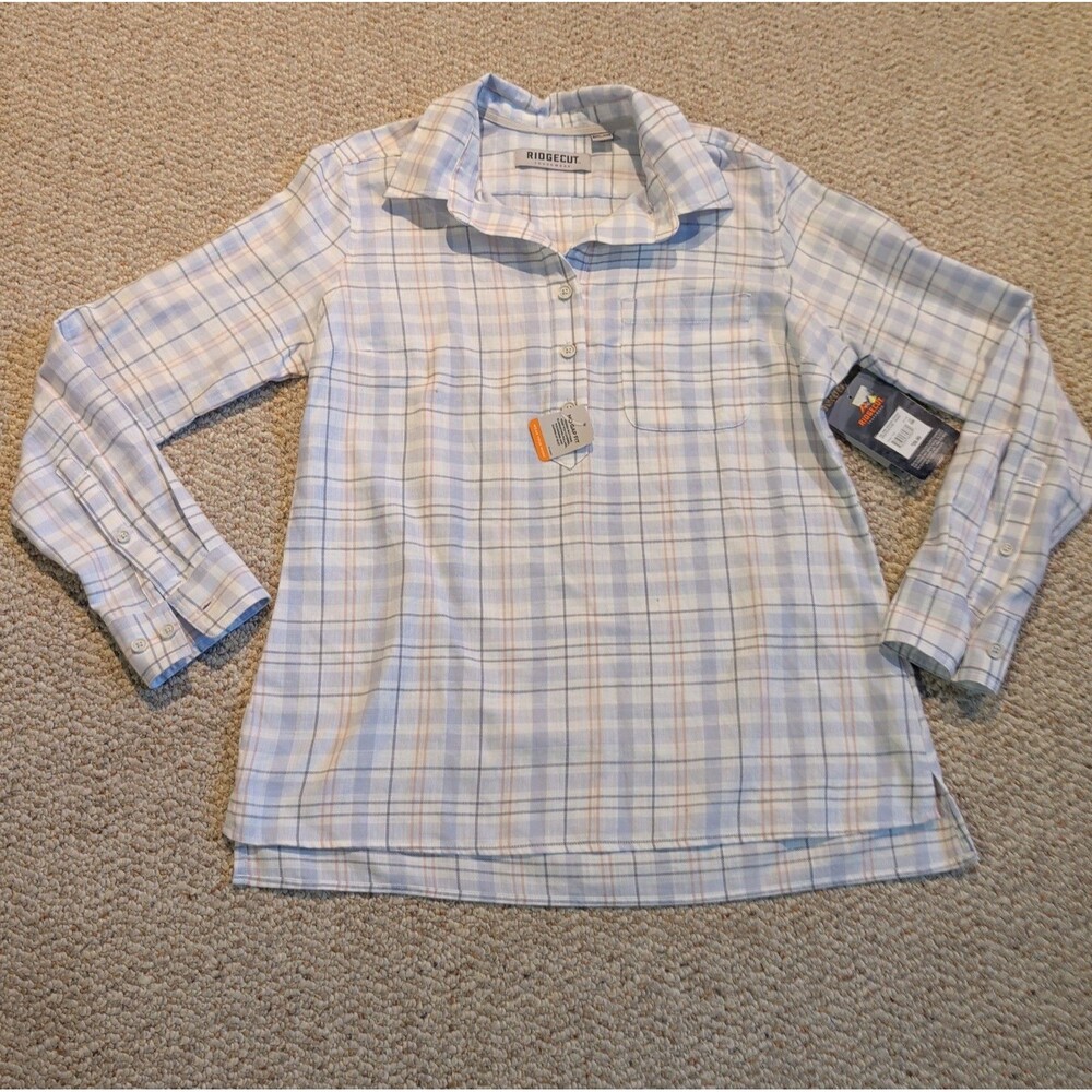 Ridgecut Toughwear Weekend Popover Shirt Womens S Peach Blue Plaid Roll Tab